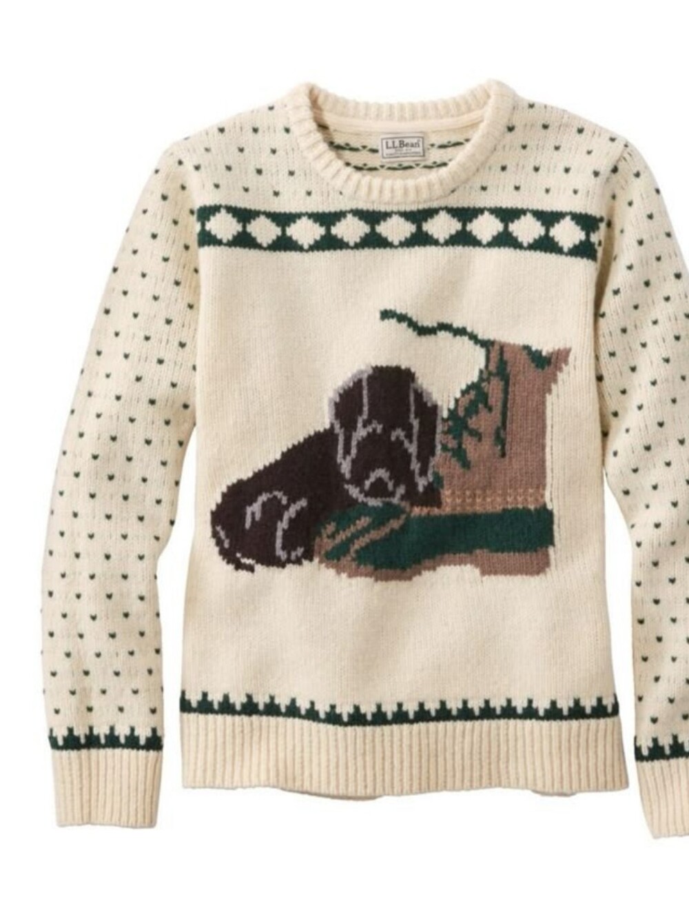 L.L. Bean Cream Sweater with Green & Brown Puppy Intarsia LIKE NEW Size XL